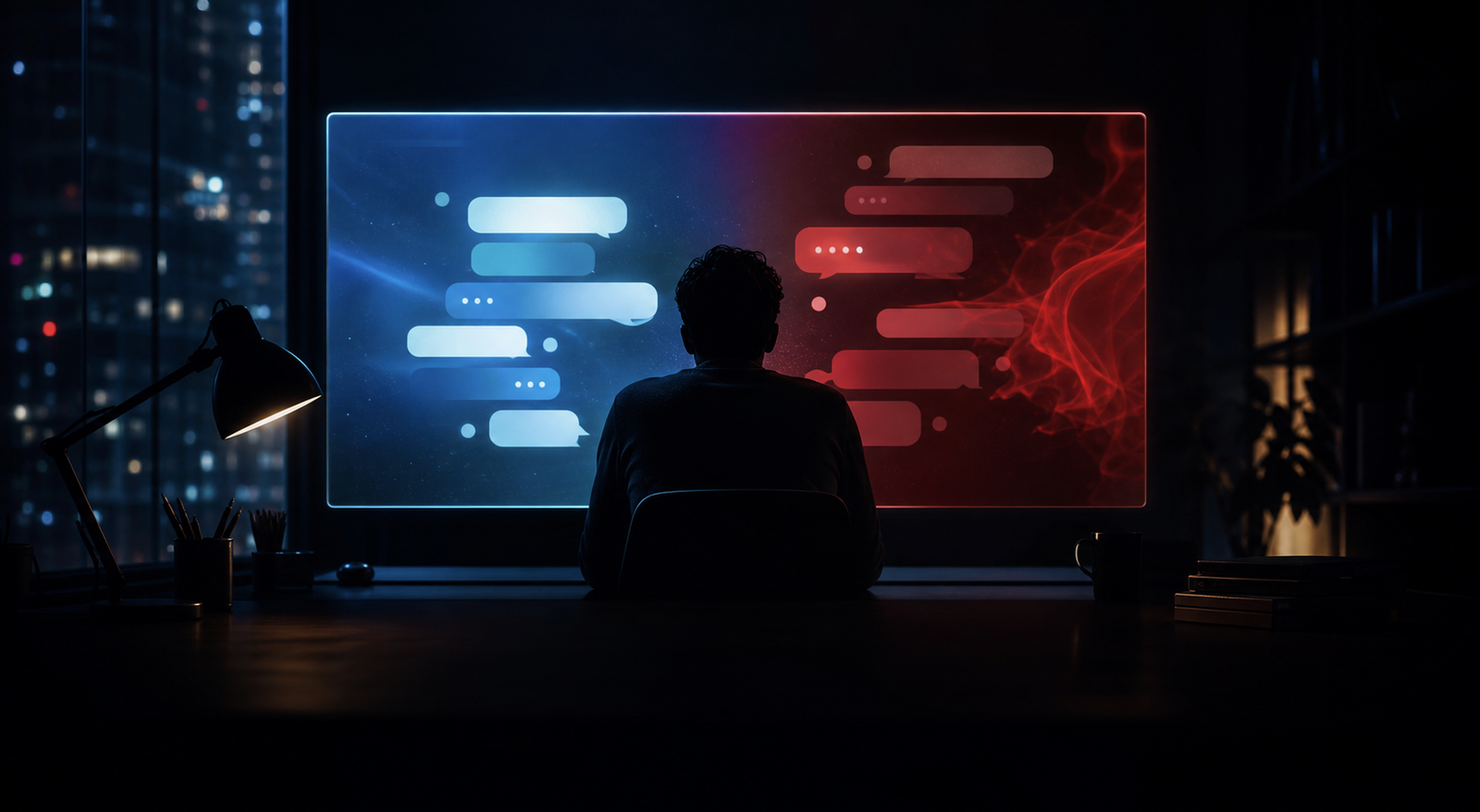 Abstract image of a chat window glowing red and blue in the dark