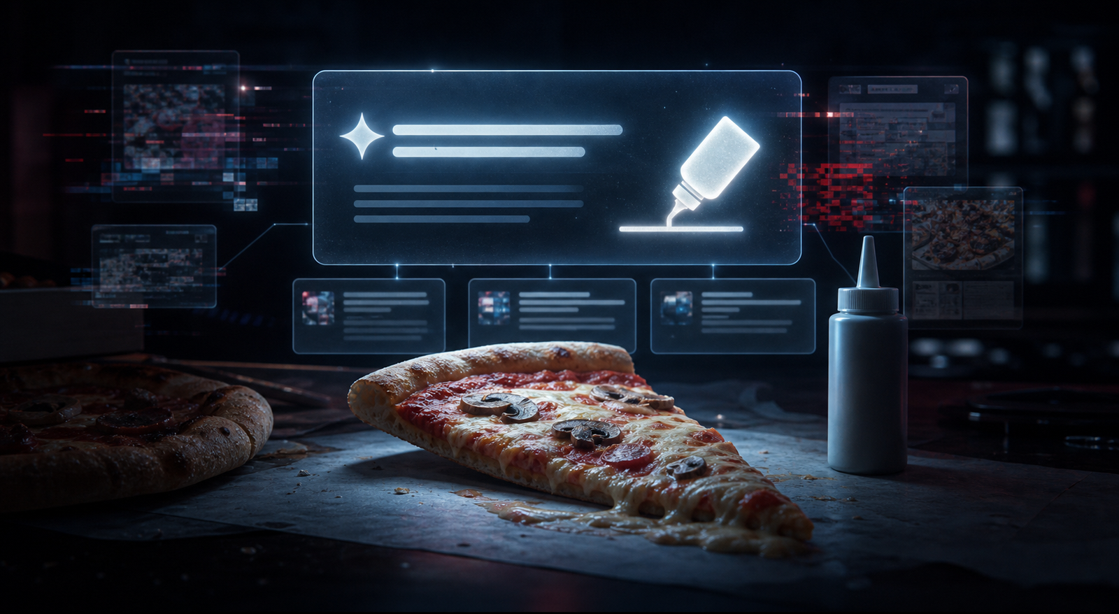 Abstract image of a pizza slice beside a search result warning