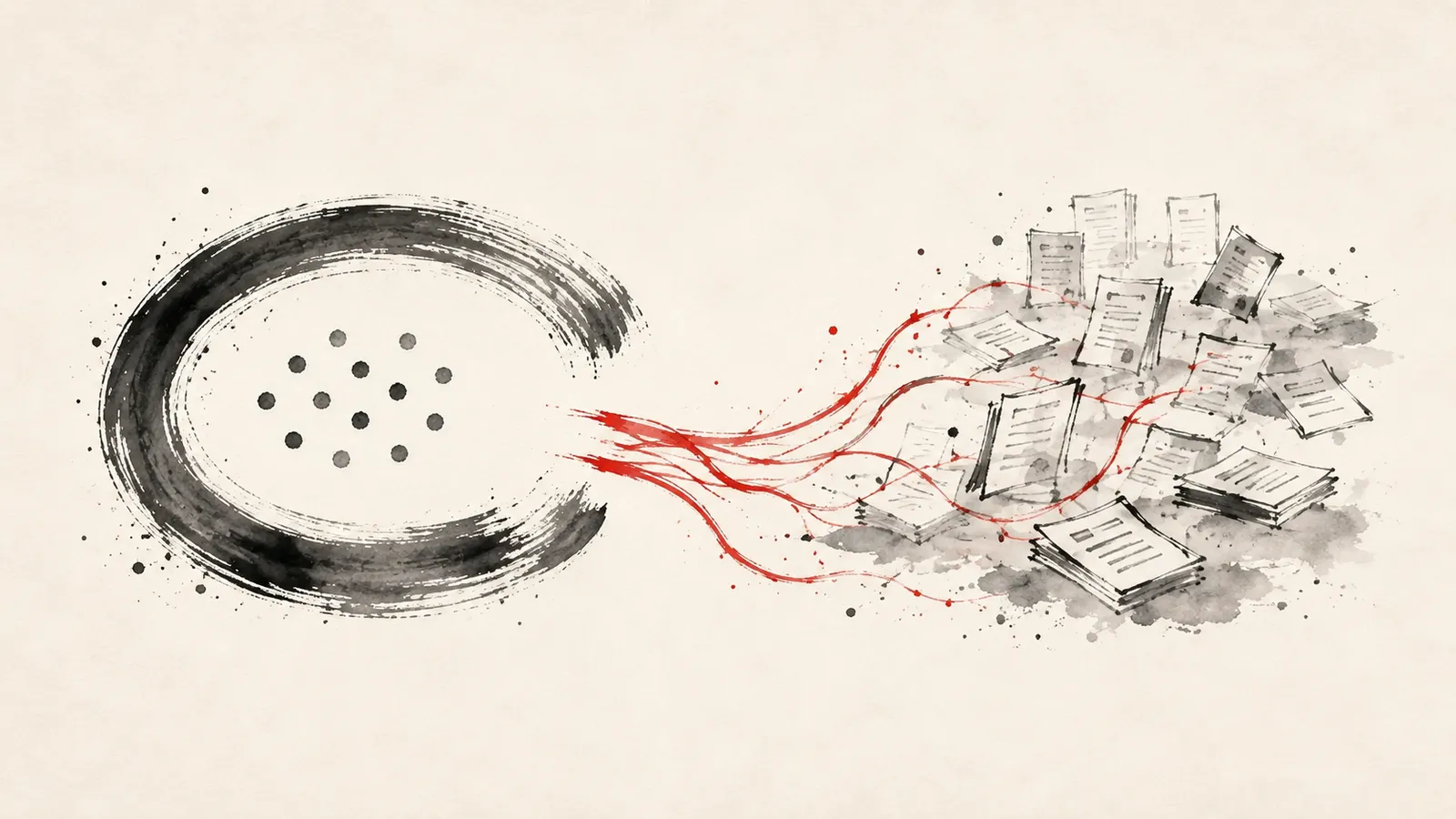 Conceptual ink-and-watercolor illustration of red trails crossing a broken charcoal boundary toward an archive of papers