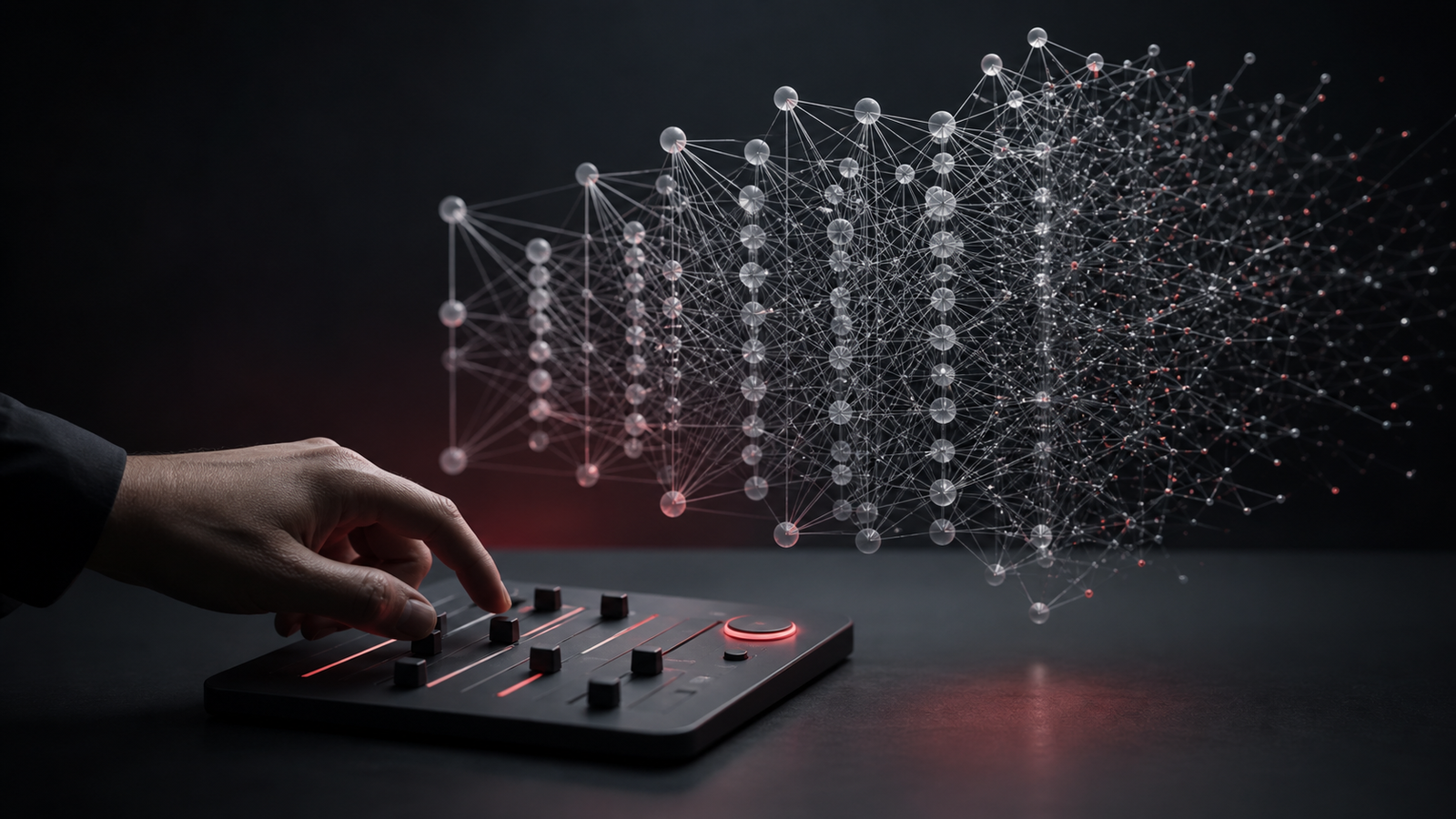 A hand adjusts an abstract learning control panel while a complex neural network forms above it